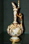 A ROYAL WORCESTER PEDESTAL EWER, with bulbous body and slender neck, floral and foliage decoration