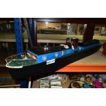 A WOODEN SCRATCH BUILT MODEL OF A FLAT BOTTOM COAL BARGE, 'Abbie May', powered by an electric