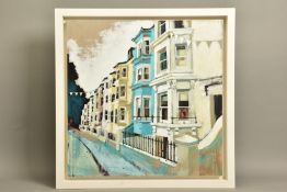 CAMILLA DOWSE (BRITISH 1968) 'JUBILEE STREET 1' a street of colourful houses, initialled bottom