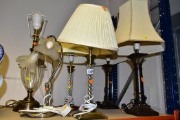 SIX MODERN TABLE LAMPS, INCLUDING TWO PAIRS, both pairs fitted with cream fabric shades and with
