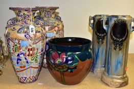 A PAIR OF 20TH CENTURY JAPANESE SATSUMA MORIAGE VASES, raised polychrome enamel decoration, with