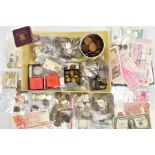 A BOX CONTAINING VARIOUS COINS, MEDALS, COMMEMORATIVES to include over 2.7 kilos of pre 47 coins,