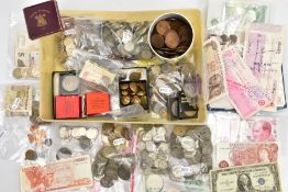 A BOX CONTAINING VARIOUS COINS, MEDALS, COMMEMORATIVES to include over 2.7 kilos of pre 47 coins,