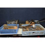 THREE TRAYS CONTAINING VINTAGE TOOLS AND METALWARE including an oval Cauldron, saucepans, cast