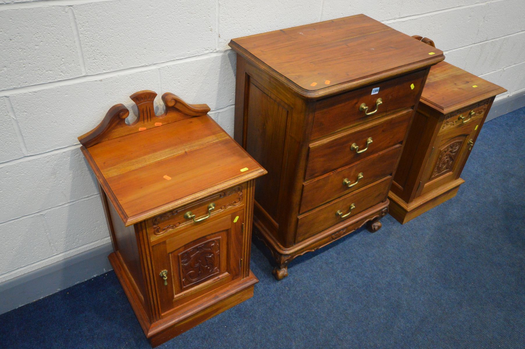 A HARDWOOD CHEST OF FOUR DRAWERS, brass drop handles on Victorian style legs, width 65cm x depth - Image 2 of 3