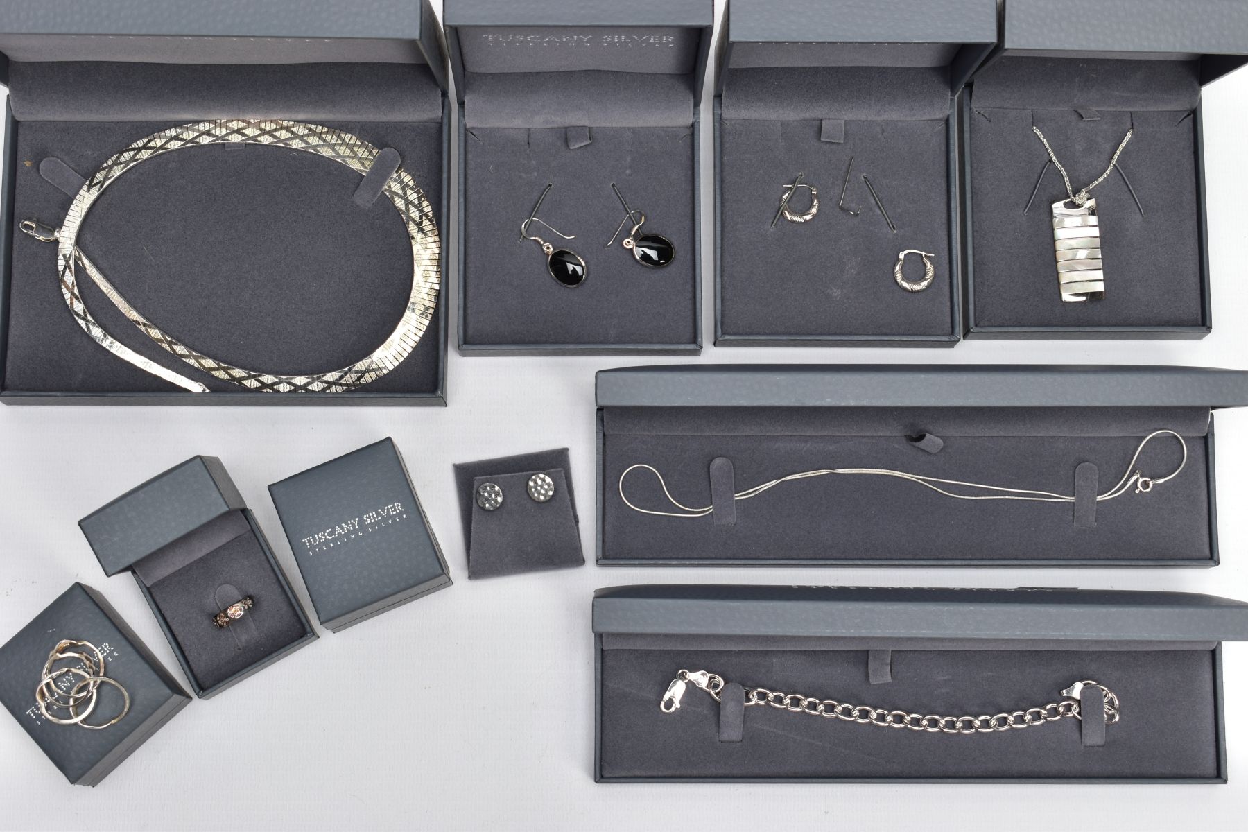 NINE ITEMS OF 'TUSCANY SILVER' JEWELLERY, to include a bracelet, two rings, three pairs of - Image 2 of 8