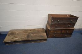 A DISTRESSED AND INCOMPLETE VICTORIAN MAHOGANY CHEST OF DRAWERS, along with a distressed double