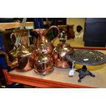 A GROUP OF COPPER KETTLES, etc, including a late Victorian cast iron tazza, cast and pierced with