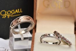 THREE SILVER CLOGAU RINGS, the first a tapered silver band with applied 'Dragon Wing' rose gold