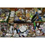 SEVEN BOXES AND LOOSE ASSORTED CERAMICS, ETC, including bird, cat, fairy and other figural