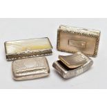 FOUR SILVER SNUFF BOXES, to include a silver Edwardian example with engraved ivy detail, a mid
