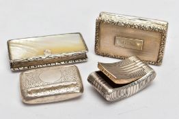 FOUR SILVER SNUFF BOXES, to include a silver Edwardian example with engraved ivy detail, a mid