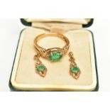 A PAIR OF EMERALD AND DIAMOND EARRINGS AND AN EMERALD AND DIAMOND RING, a pair of emerald and