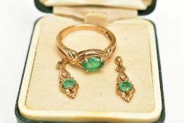 A PAIR OF EMERALD AND DIAMOND EARRINGS AND AN EMERALD AND DIAMOND RING, a pair of emerald and
