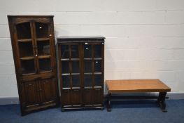 THREE VARIOUS PIECES OF OAK FURNITURE, to include a priory two door bookcase, width 82cm x depth