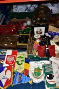THREE BOXES AND LOOSE METALWARES, USED CRICKET BALLS, etc, including two vintage cash tins, one with