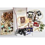 A BOX OF ASSORTED COSTUME JEWELLERY, to include a cultured pearl necklace fitted with a white gold