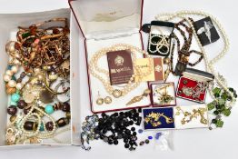 A BOX OF ASSORTED COSTUME JEWELLERY, to include a cultured pearl necklace fitted with a white gold