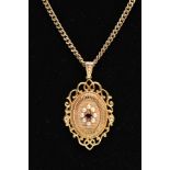 A MODERN 9CT GOLD FANCY OVAL CULTURED PEARL AND GARNET LOCKET AND FILED CURB CHAIN, oval locket
