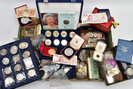 A LARGE BOX OF MIXED COINAGE to include two George IV crown coins 1821 some wear, a 1845 Victoria