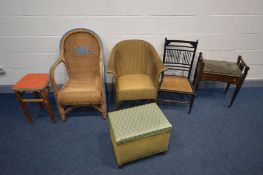 A QUANTITY OF OCCASSIONAL FURNITURE to include an Edwardian mahogany piano stool, wicker arm chair