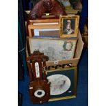 A BOX OF LOOSE PRINTS, MIRROR, LATE VICTORIAN BAROMETER IN AN OAK FRAME, ETC, including a limited