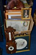 A BOX OF LOOSE PRINTS, MIRROR, LATE VICTORIAN BAROMETER IN AN OAK FRAME, ETC, including a limited