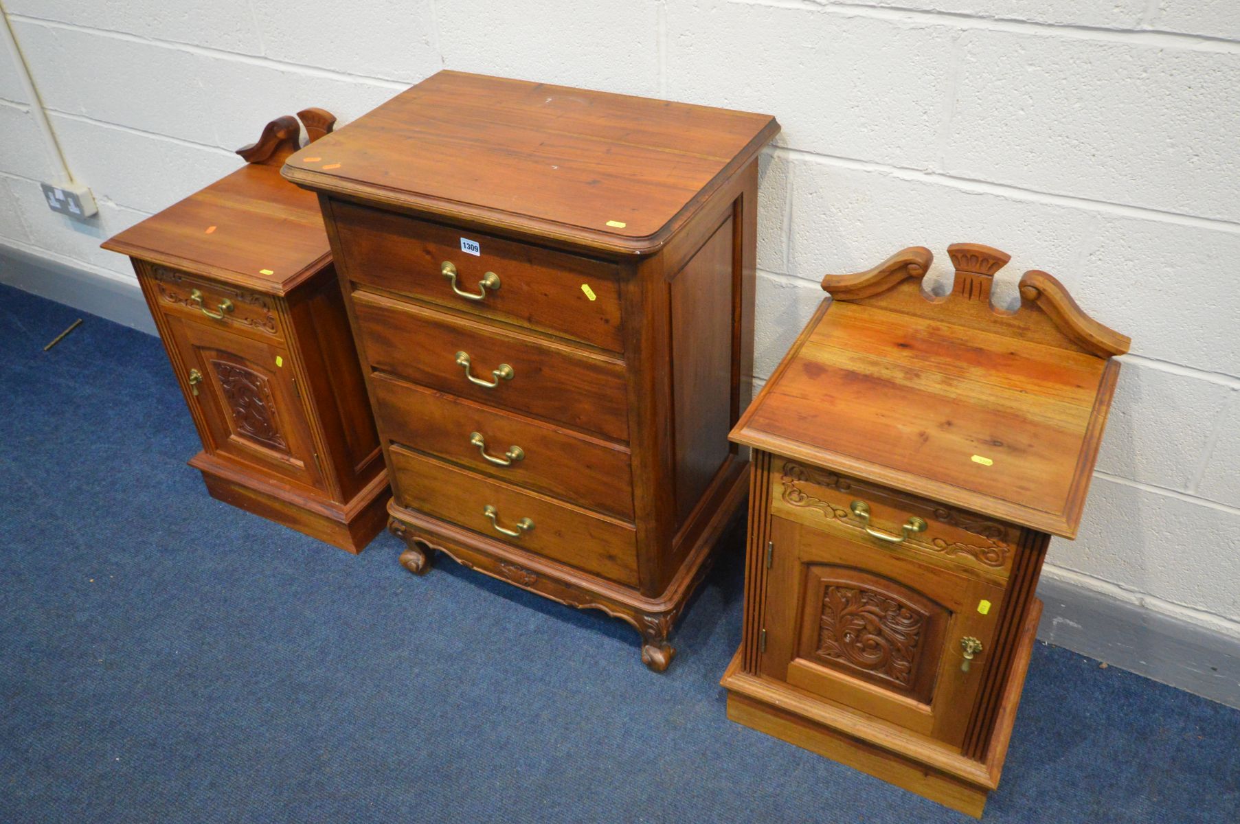 A HARDWOOD CHEST OF FOUR DRAWERS, brass drop handles on Victorian style legs, width 65cm x depth - Image 3 of 3