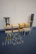 TWO PAIRS OF BEECH BEDSIDE CABINETS, a modern stool, cheval mirror, occasional table and a selection
