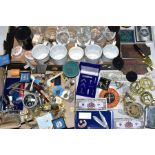 TWO BOXES OF GLASSWARE AND MASONIC COLLECTABLES, many pressed and plain glasses with etched and