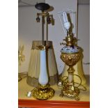 TWO TABLE LAMPS WITH GILT METAL MOUNTS, comprising a twin light lamp on a white glazed porcelain