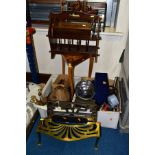 TWO BOXES AND LOOSE METALWARES, TREEN AND MISCELLANEOUS ITEMS, including a small oak bookshelf, a