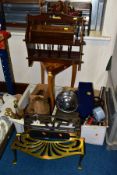 TWO BOXES AND LOOSE METALWARES, TREEN AND MISCELLANEOUS ITEMS, including a small oak bookshelf, a