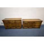 TWO OAK OLD MILL SIDEBOARDS, the largest one at width 154cm x depth 51cm x height 75cm