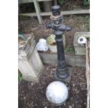 A CAST ALUMINIUM LOW LAMP POST BASE 110cm high and a plastic sphere with metal banding (2)