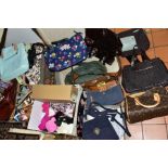 TWO SUITCASES AND A BOX OF LADIES HANDBAGS, SHOES, ETC, a pair of Gabor pumps and Hotter shoes, both