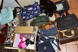 TWO SUITCASES AND A BOX OF LADIES HANDBAGS, SHOES, ETC, a pair of Gabor pumps and Hotter shoes, both