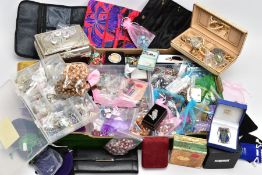 A BOX OF COSTUME JEWELLERY, to include a Trifari stickpin, a Hollywood pendant, a hinged silver