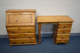 A MODERN PINE BUREAU, width 82cm x depth 43cm x height 101cm (key) and a pine desk with three