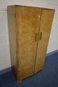 AN ART DECO BURR WALNUT TWO DOOR GENTLEMAN'S WARDROBE, width 84cm x depth 47cm x height 160cm