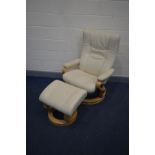 A HIMOLLA CREAM LEATHER RECLINING SWIVEL CHAIR on a circular beech base together with a matching