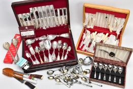 TWO CASED SETS OF PLATED CUTLERY, A CASED SPOON SET, LOOSE SPOONS, A CARVING SET AND SALAD UTENSILS,