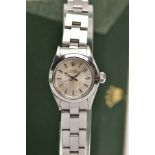 A 26MM STAINLESS-STEEL ROLEX OYSTER PERPETUAL WRISTWATCH, silvered dial with baton markers,