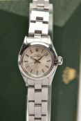 A 26MM STAINLESS-STEEL ROLEX OYSTER PERPETUAL WRISTWATCH, silvered dial with baton markers,