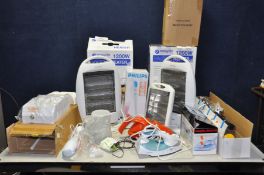 A SELECTION OF HOUSEHOLD ELECTRICALS including two Easylife Halogen Heaters in boxes, a LED heater