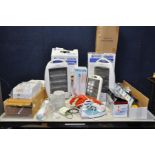 A SELECTION OF HOUSEHOLD ELECTRICALS including two Easylife Halogen Heaters in boxes, a LED heater