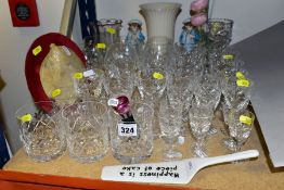 ROYAL DOULTON CUT GLASSES comprising six 8.5cm high whisky glasses, six 8cm liqueur glasses, six