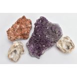 A COLLECTION OF GEM CRYSTALS, to include two quartz geodes, a collection of amethyst crystals and