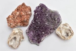 A COLLECTION OF GEM CRYSTALS, to include two quartz geodes, a collection of amethyst crystals and