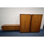 A G PLAN WALNUT THREE PIECE BEDROOM SUITE, comprising two double door wardrobes, width 92cm x